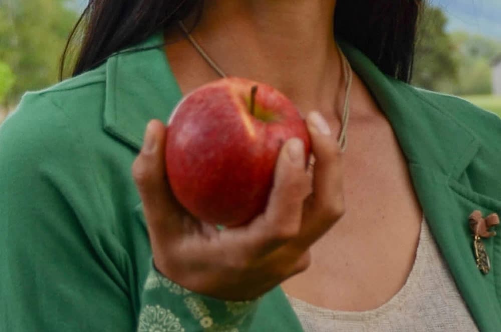 Hand in grüner Jacke, die einen roten Apfel hält