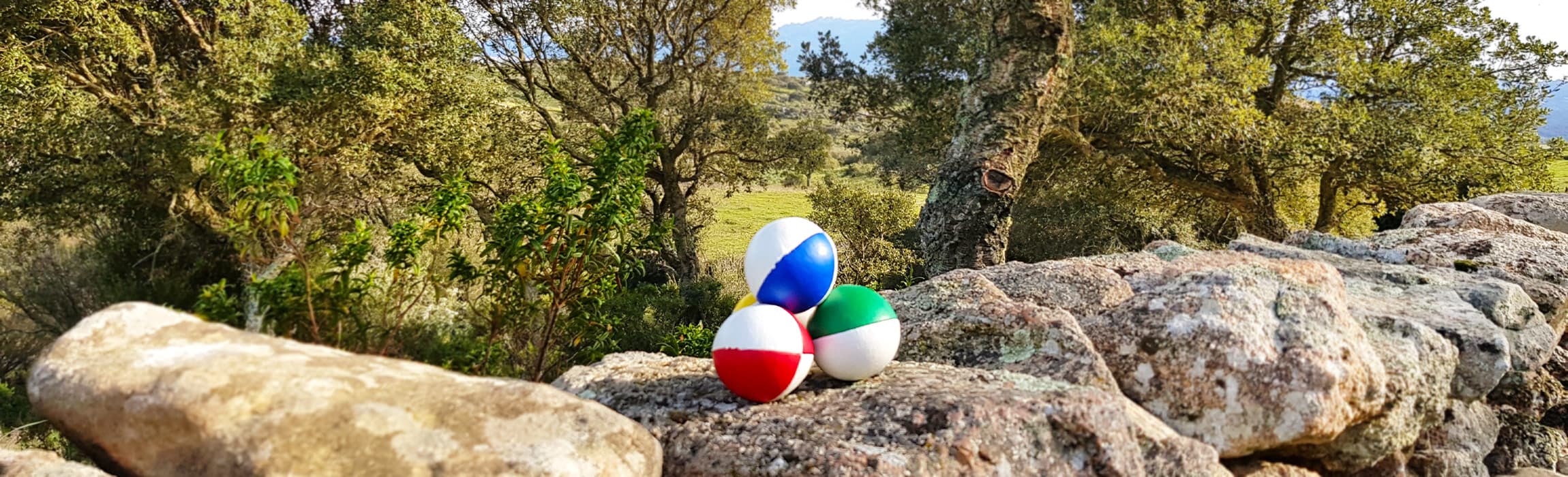Drei bunte Jonglierbälle auf einem Felsen vor einer sonnigen Baumlandschaft